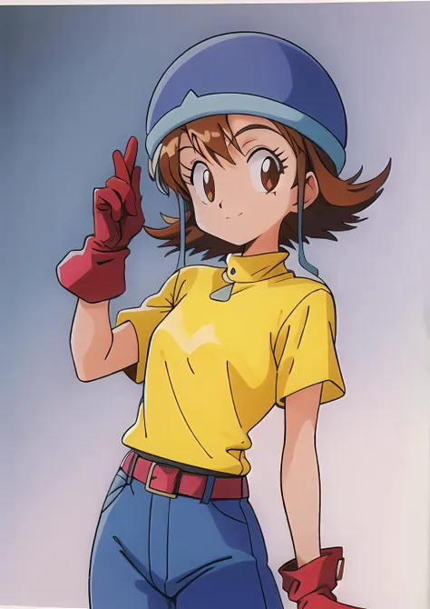 best quality, masterpiece, highres, SoraDigi,  <lora:SoraDigi:0.8>,1girl,solo, blue helmet, brown hair, brown eyes, red gloves, yellow shirt, jeans,1980s \(style\), looking at viewer, small breasts,