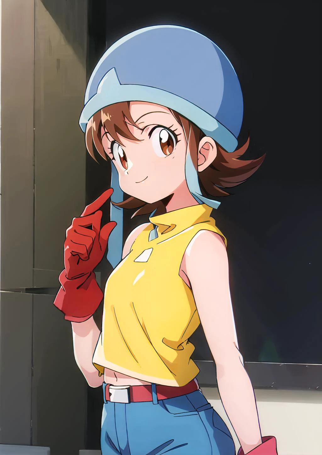 best quality, masterpiece, highres, SoraDigi, <lora:SoraDigi:0.8>,1girl,solo, blue helmet, brown hair, brown eyes, red gloves, yellow shirt, jeans,1980s \(style\), looking at viewer, small breasts,