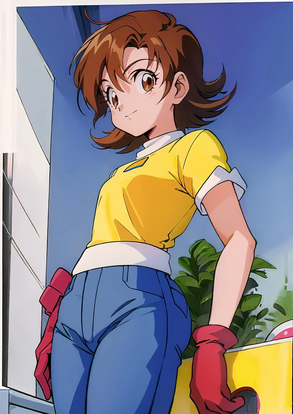 best quality, masterpiece, highres, SoraDigi, <lora:SoraDigi:0.8>,1girl,solo, blue helmet, brown hair, brown eyes, red gloves, yellow shirt, jeans,1980s \(style\), looking at viewer, small breasts,