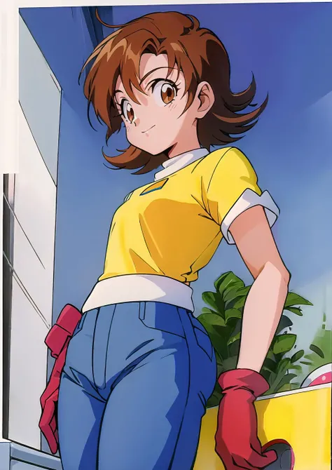 best quality, masterpiece, highres, SoraDigi, <lora:SoraDigi:0.8>,1girl,solo, blue helmet, brown hair, brown eyes, red gloves, yellow shirt, jeans,1980s \(style\), looking at viewer, small breasts,