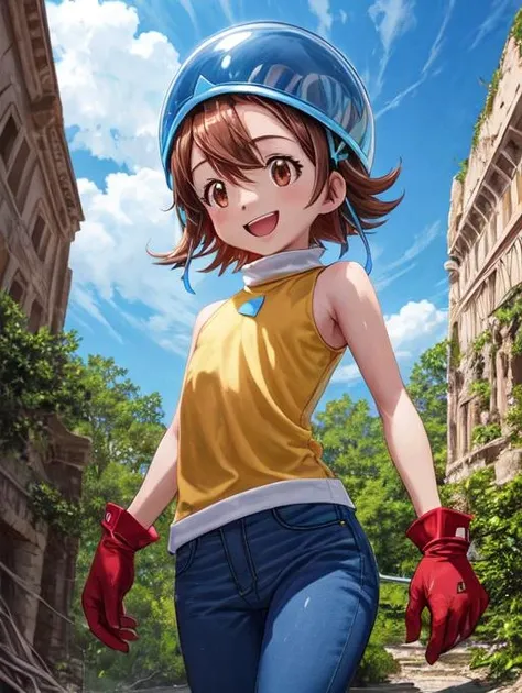 best quality, masterpiece, highres, detailed, perfect anatomy, SoraDigi, blue helmet, brown hair, brown eyes, red gloves, yellow shirt, jeans, ancient ruins, happy, exploring, climbing, female , flat chest,1girl,masterpiece, expensive quality, very_expensive_solve, big_file size, full color,(completely nude:1.2),pussy,niplles,(vaginal sex:1.2),(toddler:1.6),(chibi:1.3),(flat chest:1.5),