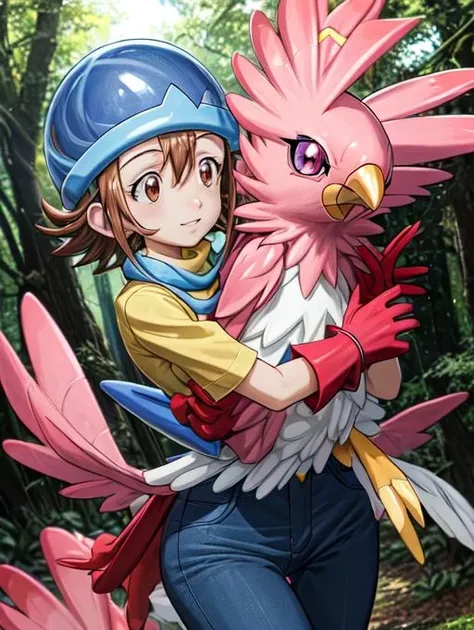 best quality, masterpiece, highres, detailed, perfect anatomy,  <lora:Detail - add_detail:0.2>, SoraDigi,  <lora:SoraDigi:0.8>, blue helmet, brown hair, brown eyes, red gloves, yellow shirt, jeans, forest, digimon, female child, flat chest, digimon \(creature\), pink bird, hugging creature,