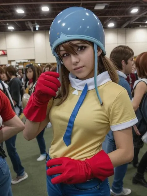 best quality, masterpiece, highres, detailed, perfect anatomy, <lora:Detail - add_detail:0.2>, SoraDigi, <lora:SoraDigi:0.8>, blue helmet, brown hair, brown eyes, red gloves, yellow shirt, jeans, cosplay, convention, anime convention, realistic