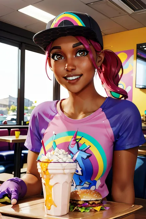 bebmber,poytail, pink hair, brown eyes, lips, black hat, croptop, short sleeves,purple gloves, looking at viewer, laughing, happy, mouth open, blush, 
sitting behind a table, inside a fast food restaurant, table full of food, cheeseburgers, milkshakes, playful ambiance,  extreme detail, masterpiece,  <lora:beachbomber:.7>