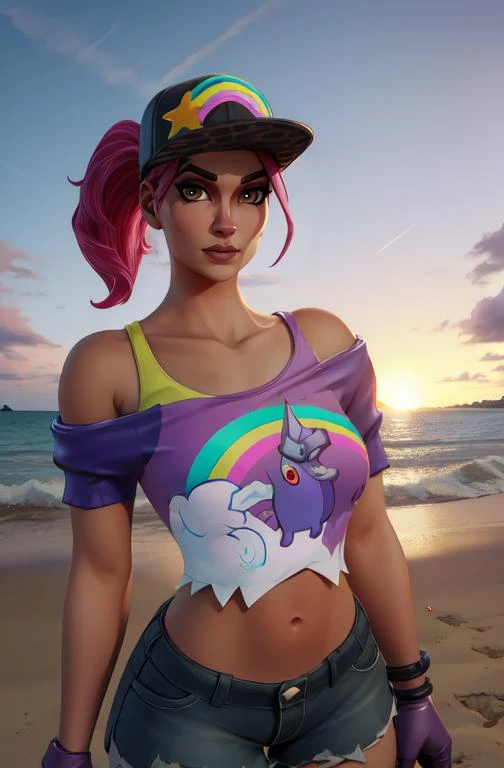 bebmber, pink hair,  ponytail,  brown eyes,  lips, 
black hat,  crop top,  navel,  short shorts,   purple gloves,  collarbone, 
 upper body,  standing, 
looking at viewer,  
beach party,  dusk, 
(insanely detailed, beautiful detailed face, beautiful detailed eyes, masterpiece, best quality), solo,
 <lora:beachbomber:0.8>