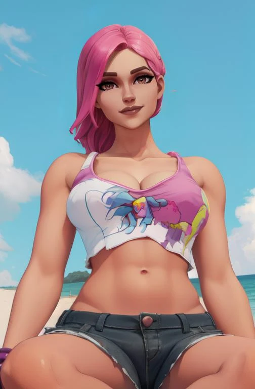 bebmber, pink hair, brown eyes, lips, light smile, long hair,
crop top, navel, short shorts, fingerless gloves, collarbone,
upper body, toned, from below, sitting, cleavage,
looking at viewer,
beach party, dusk,
(insanely detailed, beautiful detailed face, beautiful detailed eyes, masterpiece, best quality), solo,
<lora:beachbomber:0.8>