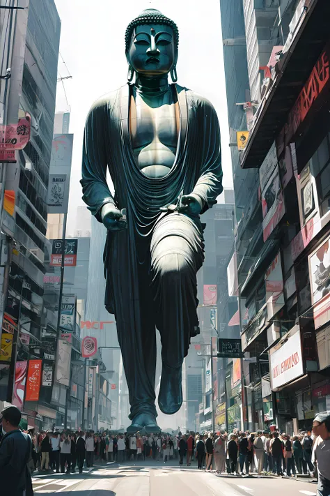 masterpiece, high quality, highres, absurdres,<lora:Kamakura_Great_Buddha_v1.0:1>, Great Buddha, <lora:Line_LoRA_white:0.3> emphasis lines, running, cyberpunk, crowd,