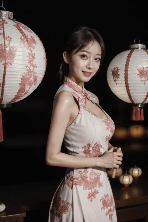 masterpiece,best quality,extremely detailed 8K wallpaper,pov,upper body,
1girl,front view,qipao1,looking at viewer,clothing cutout,white_dress,huge breasts,night,light_smile,
chinese new year,lantern,fireworks,chinese_style_loft,