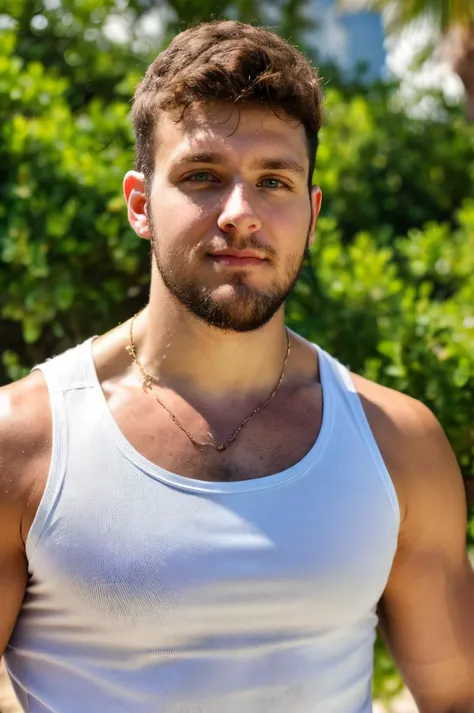 a handsome, 20yo guy, at beach, (low drop tank top), (natural lighting:studio lighting:0.5), sophisticated elegant mood, stained, highly detailed, found footage, masculine broad shoulders, facial hair, (full_beard:1.1), vintage, biceps, (looking at viewer), full beard, caucasian, white man, european man, chill, feel good, (best quality:1.5), <lora:samuelsacal_45000:1.1>, samuelsacal person, blue eyes, (golden_eyesglasses), (masterpiece,best quality:1.5)