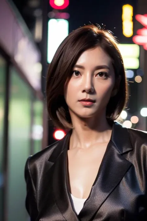 Best quality,masterpiece,ultra high res,(photorealistic:1.2),1girl,in the dark,deep shadow,low key,slim body,taipei street alley,dynamic pose,face closeup,(cleavage:0.6),medium breasts,formal suit,brown hair,<lora:fafa_tsai:0.9>,