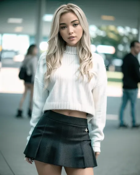 a photo of Olivia Dunne, film, 4k, oversized sweater, mini skirt, sharp focus, depth of field, blonde, <lora:OliviaDunne_v10:1.0>