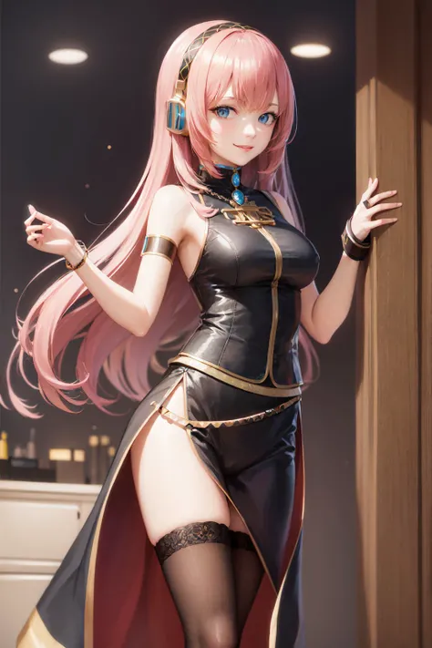 (masterpiece, best quality:1.2), <lora:vocaloid_luka-11:1>, solo, 1girl, megurine luka, smile, looking at viewer, headphones, lukadef, pelvic curtain, black thighhighs