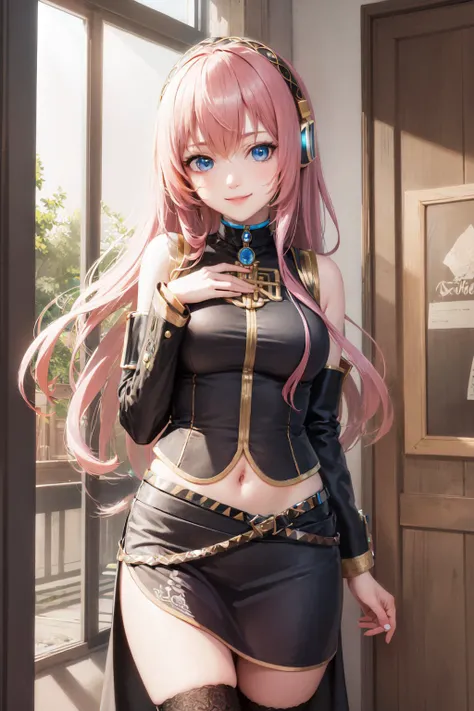 (masterpiece, best quality:1.2), <lora:vocaloid_luka-11:1>, solo, 1girl, megurine luka, smile, looking at viewer, headphones, lukadef, pelvic curtain, black thighhighs