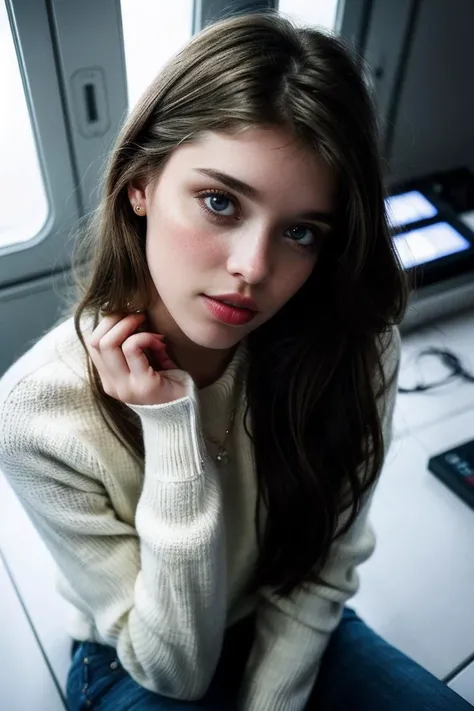 photo of beautiful (Fr3y4M4y3r-135:0.99), a woman, perfect hair, serious look, (modern photo), wearing a (long sleeved sweater:1.2) and jeans with jewelry, portrait, 85mm, (analog, cinematic, film grain:1.3), (Quantum Computing Lab, Research facility with superconducting qubits, quantum algorithms, and entanglement experiments.), detailed eyes, professional pose, painted lips, (epiCPhoto), (looking at viewer:1.1), (cinematic shot:1.3), (natural lighting, lit from above), <lora:add_detail:0.5>