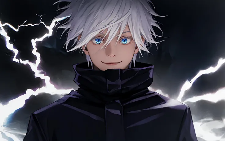 (masterpiece:1.3),(best quality:1.2),8k,absurdres,unity 8k wallpapper,(extremely detailed:1.3),highestres,highres,Amazing,illustration,beautiful studio soft light,stunningly beautiful,incredibly absurdres,vibrant details,cinematic lighting,moody lighting,pixiv,award-winning, professional, highly detailed,
gojo2, solo, looking at viewer, smile, short hair, blue eyes, 1boy, hair between eyes, closed mouth, jacket, upper body, male focus, black jacket, eyelashes, portrait, high collar, (electricity:1.3),dark theme,white hair,
<lora:lowRA:0.6>
<lora:gojo_satoru_V3-36:1>