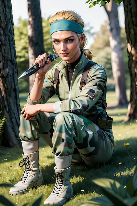 TheBoss, blonde hair, low ponytail, blue eyes, mole under right eye, blonde hair,hair slicked back,headband,green camouflage,green jumpsuit,belt, boots,looking at viewer, serious, smiling, sitting, on grass, holding knife, legs raised, forest, natural lighting, high quality, masterpiece,  <lora:TheBoss:.8>
