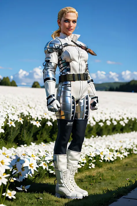 TheBoss, blonde hair, low ponytail, blue eyes, mole under right eye, white , belt, boots, gloves, looking at viewer, smiling, standing, outside, field, white flowers, sunny, high quality, masterpiece,  <lora:TheBoss:.8>