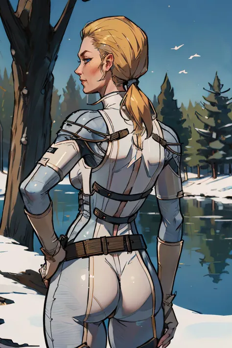 TheBoss, blonde hair, low ponytail, blue eyes, mole under right eye, white bodysuit, belt, gloves, looking at viewer, serious, smirk,medium shot, from_behind, ass, hand on hip, outside, trees, lake, winter, blue sky, high quality, masterpiece, <lora:TheBoss:.8>