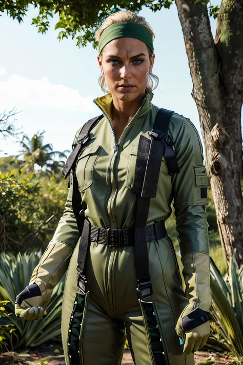 TheBoss, blonde hair, hair slicked back,, blue eyes, mole under right eye, headband, green camouflage,green jumpsuit,belt,gloves, looking at viewer, serious, standing, outside, jungle, trees, dusk,  high quality, masterpiece, <lora:TheBoss:.7>