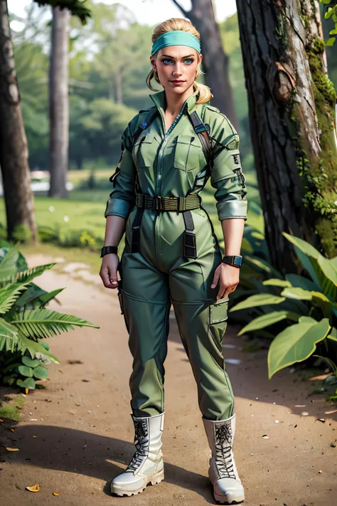 TheBoss, blonde hair, low ponytail, blue eyes, mole under right eye, blonde hair,hair slicked back,headband,green camouflage,green jumpsuit,belt, boots,looking at viewer, smiling, full body shot, standing, jungle, dirt, trees, natural lighting, high quality, masterpiece,  <lora:TheBoss:.8>