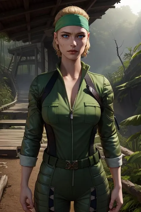 TheBoss, blonde hair, mole under eye, hair slicked back,
headband, green camo, green jumpsuit, belt,
standing, upper body,
jungle, wood bridge,
(insanely detailed, beautiful detailed face, masterpiece, best quality)
<lora:TheBoss:0.7>
