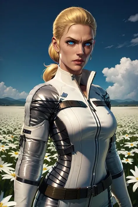 TheBoss,
white bodysuit, belt, unzipped, chest scar, navel, facing viewer,
standing, upper body,
flower field,
(insanely detailed, beautiful detailed face, masterpiece, best quality)
<lora:TheBoss:0.7>