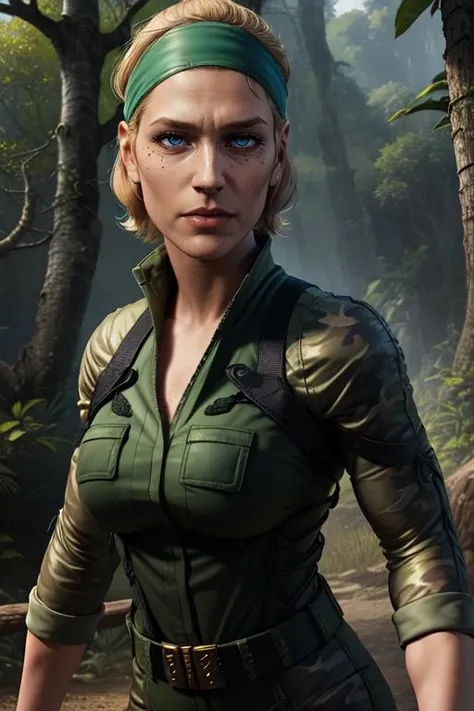 TheBoss, blonde hair, mole under eye, hair slicked back,
headband, green camo, green jumpsuit, belt,
standing, upper body,
jungle, wood bridge,
(insanely detailed, beautiful detailed face, masterpiece, best quality)
<lora:TheBoss:0.7>