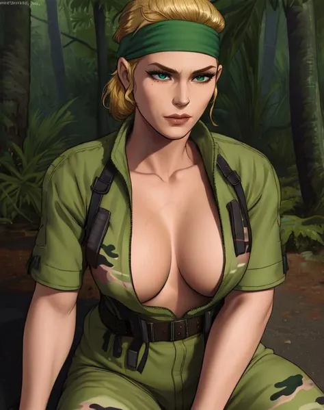 TheBoss,blonde hair,hair slicked back,headband,green camo,green jumpsuit,belt,
jungle,wood bridge,
sitting,cleavage,
(insanely detailed, beautiful detailed face, masterpiece, best quality),<lora:TheBoss-10MGS3:0.8>,