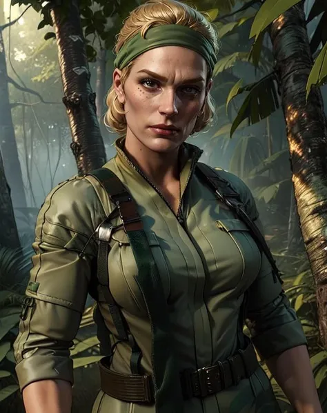 TheBoss,blonde hair,hair slicked back,headband,green camo,green jumpsuit,belt,
jungle,wood bridge,
(insanely detailed, beautiful detailed face, masterpiece, best quality),<lora:TheBoss-10MGS3:0.8>,