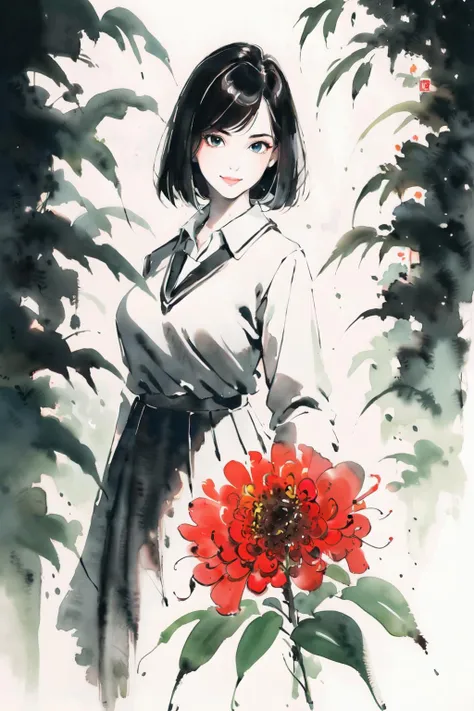 <lora:Freehand_Brushwork:1> school uniform, bob cut, huge breasts, nature, flowers,
(best quality, masterpiece, RAW photo,ultra-detailed:1.2), <lyco:GoodHands-beta2:1.0>1girl,solo,looking at viewer,smile