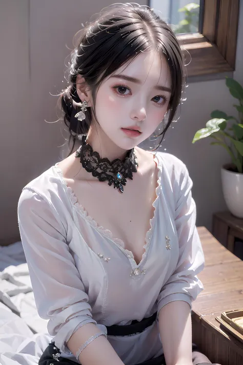 (masterpiece), best quality, highest quality,
1girl,(Kpop idol) , fingernails ,medium breasts, black hair, hair pulled back, diamond earrings, looking at viewer, solo, suits, white shirt, striped miniskirt, (lace black pantyhose), black heels, bags, thighhighs, crossed legs, sitting, upper body, focus on face, looking at viewer,