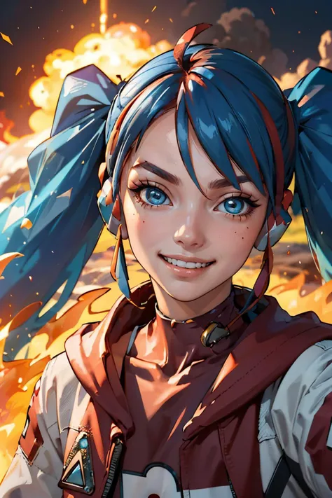 honoomiku,blue eyes, blue twintail hair, streaked hair, ahoge, headphones, jacket, gloves, looking at viewer, serious, smiling, evil grin, close up portrait,
outside, volcano, lava, smoke, blue sky, extreme detail, masterpiece, beautiful quality, <lora:mikufire:.7>