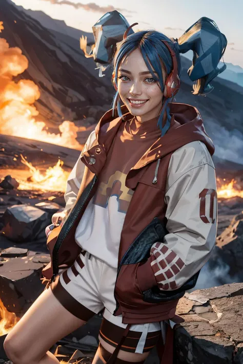 honoomiku,blue eyes, blue hair,twintails, streaked hair, ahoge, headphones, jacket, gloves, shorts, looking at viewer, happy, evil grin
inside a volcano, lava, smoke, blue sky, extreme detail, hdr, beautiful quality,   <lora:mikufire:.8>