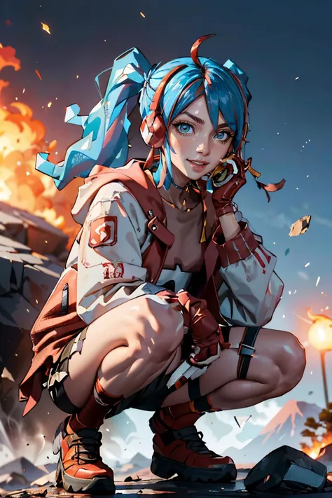 honoomiku,blue eyes, blue twintail hair, streaked hair, ahoge, headphones, jacket, gloves, shorts ,looking at viewer, seductive smile,
squatting, spreading legs, on large rock, outside, volcano, lava, smoke, blue sky, extreme detail, masterpiece, beautiful quality, <lora:mikufire:.7>