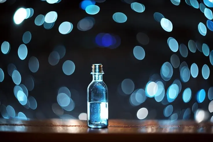 <lora:gelios40bokeh_v2-000007:0.7>, gel40bo,(magic bottle:1.3), (blue bokeh:1.4), dark fantasy, cinematic
