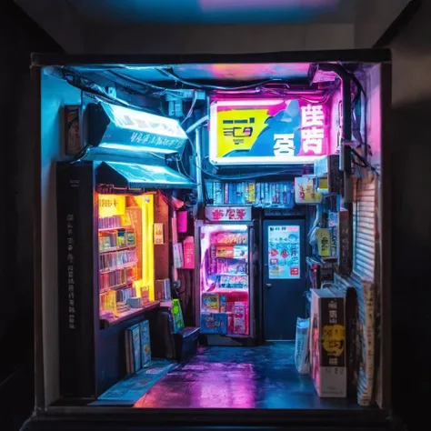 ( book nook:1.3), convenience store, japan, cyberpunk, night time, neon lights <lora:book_nook_128:1>