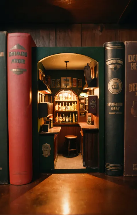 analog film photo. bright and vibrant macro-photo of a (book nook:1.3), a tiny irish pub with pints of beer <lora:book_nook_128:0.6>. Hard light, hard shadows, faded film, desaturated, 35mm photo, grainy, vignette, vintage, Kodachrome, Lomography, stained, highly detailed, found footage