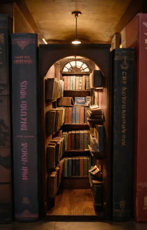 analog film photo. (pastel colors:1.4), dark and moody macro-photo of a bookshelf with a (book nook:1.3), bookstore, Victorian london <lora:book_nook_128:1>, epic mist, foggy.. Hard light, hard shadows, faded film, desaturated, 35mm photo, grainy, vignette, vintage, Kodachrome, Lomography, stained, highly detailed, found footage
