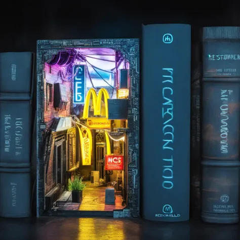 <lora:book_nook:1.3> book nook,( mcdonalds restaurant:1.6), menu, burger, hamburger, cyber punk, nightclub, dystopian, city, alleyway, neon sign, mcdonald brand,