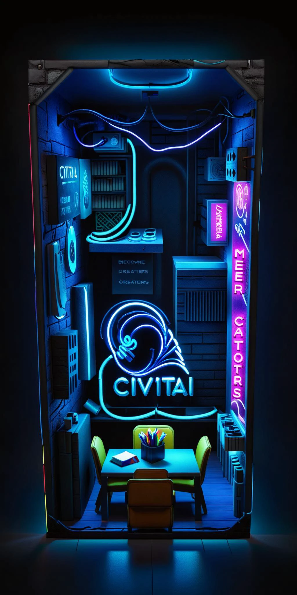 Advertising poster style of a neon sign that with (text logo "become a CIVITAI member, support creators", bright neon sign lettering, glowing), BREAK ( book nook:1.3) of a cyber designer room , bottle, city, indoors, monitor, mouse_(computer), night_sky, no_humans, scenery, table, simple background <lora:cyber_room_sdxl:1> <lora:book_nook:1> <lora:Harrlogos_v2.0:1> <lora:texta:1> . Professional, modern, product-focused, commercial, eye-catching, highly detailed
