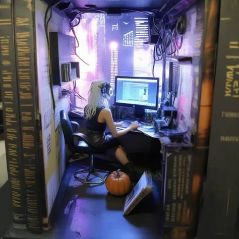 <lora:book_nook:1.3> book nook,( hightech cyberpunk style moden office:1.6), desks, chairs, computers, cyber punk, white broad, window, phone, door, a lewd lady with long messy hair wearing glasses and tight skirt with pantyhose,