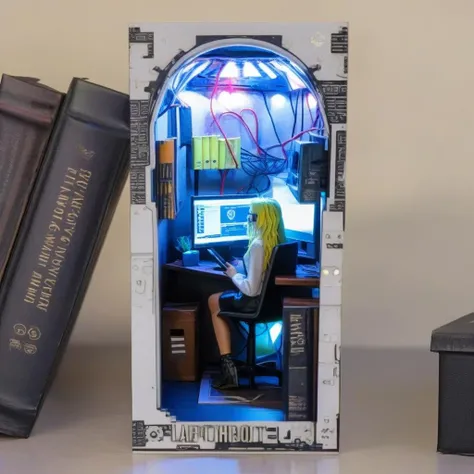 <lora:book_nook:1.3> book nook,( hightech cyberpunk style moden office:1.6), books, desks, chairs, computers, cyber punk, white broad, window, phone, led light, a lady with long messy hair wearing glasses and tight skirt with pantyhose,