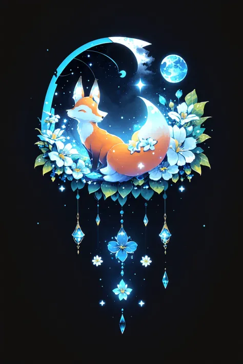 cute00d, fox, from behind, simple background, flower, sparkle, glowing, leaf, moon, white flower, crescent, blue background, star (sky), crescent moon <lora:cute00d-000020:.7>