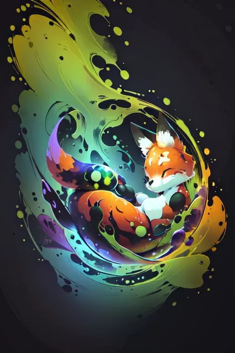 the fox is curled up into a ball and levitating in the center of the image, drops of green water levitate, jelly, ((dark background)), bright colors, watercolor art style, abstract expressionism, maximalism, brush strokes, ((blurred edges of the picture)), <lora:more_details:-0.3>, <lora:cute00d:1>