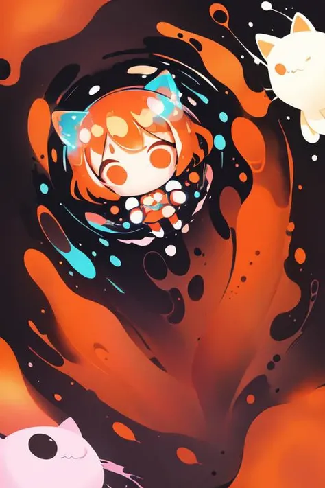 (chibi girl), in bubble surrounded by jelly cats, water droplets, jelly, glowing, (dark background):1.6, bright colors, watercolor art style, abstract expressionism, maximalism, brush strokes, ((blurred edges of the picture)), orange color scheme, blue color scheme, <lora:cute00d:0.7>, <lora:more_details:-0.4>