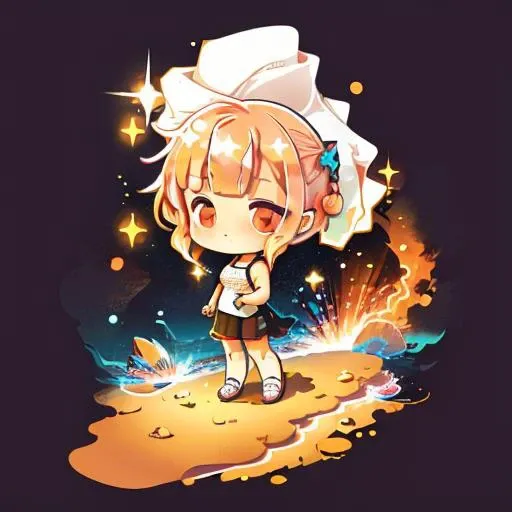woman at the beach <lora:cute00d_v1:1> cute00d, chibi, sparkle, glowing