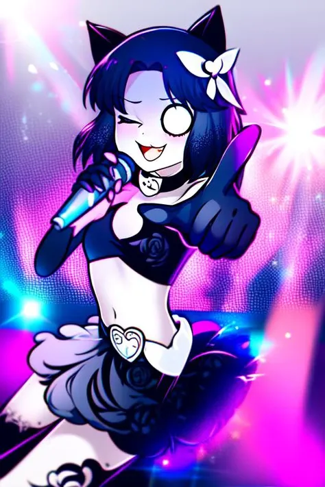 (masterpiece, best quality),
<lora:Crazed_Moneko-10:1.1>, crazed moneko, 1girl, solo, cat ears, smile, skirt, o_o, idol, stage,
<lora:Hoshino Ai's Pose 2:0.8>, ai's pose, one eye closed, pointing, microphone, lights,
<lora:GoodHands-beta2:1>