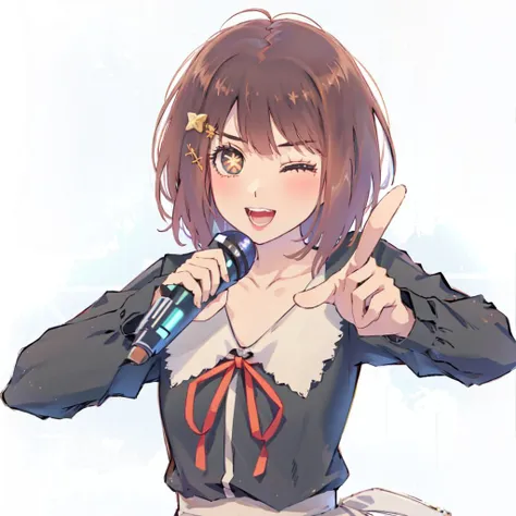 masterpiece,best quality, 1girl, (gigantic breasts,nipples,breasts outside, open cloth:1.4), microphone, 1girl, solo, pointing, ribbon, open_mouth, long_sleeves, holding_microphone, smile, shirt, index_finger_raised, upper_body, bangs, neck_ribbon, blush, :d, idol, pointing_at_viewer, holding, outstretched_arm