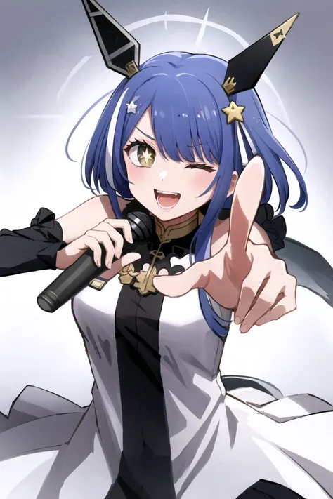 Browsing Caution,1 girl,,,chest,尖ったchest,chestの谷間,Underbust,Side Bust Barbosa,(blush),((Embarrassing)),Upper body close-up,(巨大なchest),大きなchestステージ, microphone, holding microphone, microphone stand, View the viewer, Upturned eyes, Bright Face, Wink , 大きなchest, 中chest, Satyr , Twin tails, Very long hair, Purple eyes, bangs, Light purple hair, Animal ears, low Twin tails, Very long hair, hair ornaments, Hair Ribbon, Idol Dress, Black Dress, Black Skirt, Elbow hand pockets, Black gloves, No sleeve, Yellow ribbon,