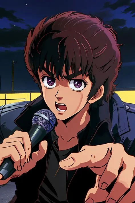 <lora:Hoshino Ai's Pose 2:0.9>, ai's pose, 1boy, solo, open mouth, pointing, microphone, closeup of a man with a serious expression, wearing a black jacket and black shirt, looking at something, at night,
HNKstyle, 80's anime, <lora:HNKstyle:0.8>